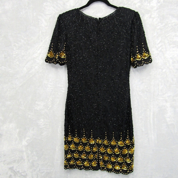 Laurence Kazar Black Gold Beaded Sequin Evening Dress Mini Short Sleeve Silk S - Picture 3 of 13